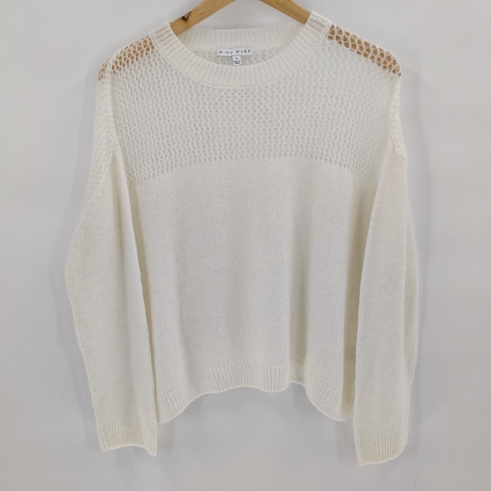 MIOU MUSE Stitched Sweater Ivory Lightweight Wool Blend